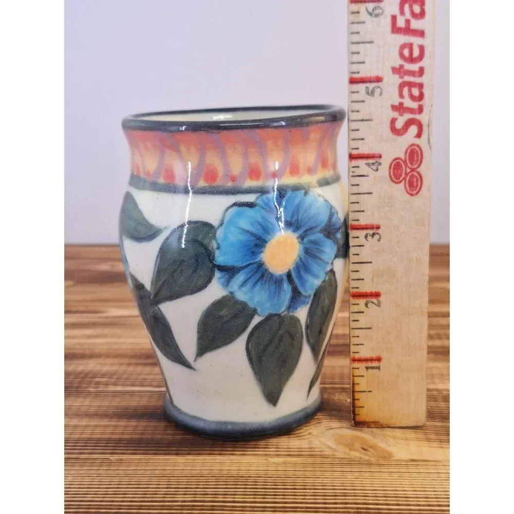 Vintage Ceramic Floral‎ Small Flower Vase Glazed Blue Red Green 4.25